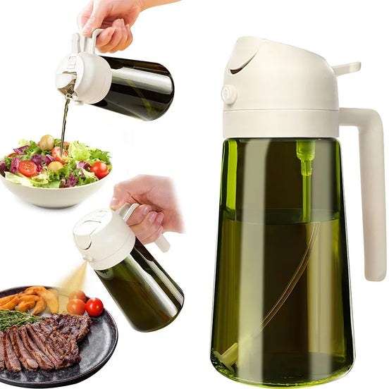 Oil bottle being used to drizzle oil over a salad and steak on a white background