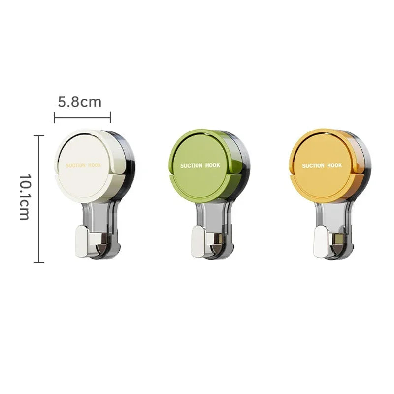 Three suction hooks in different colors with measurements on a white background