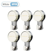 Set of five white wall hooks with chrome accents on a white background