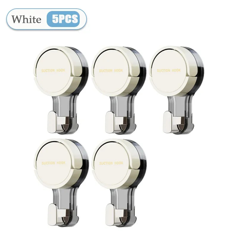 Set of five white wall hooks with chrome accents on a white background