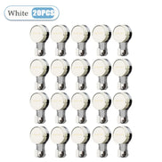 Set of 20 white light bulbs with chrome bases on a white background