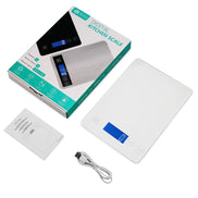 Digital kitchen scale with packaging, USB cable, and user manual on a white background