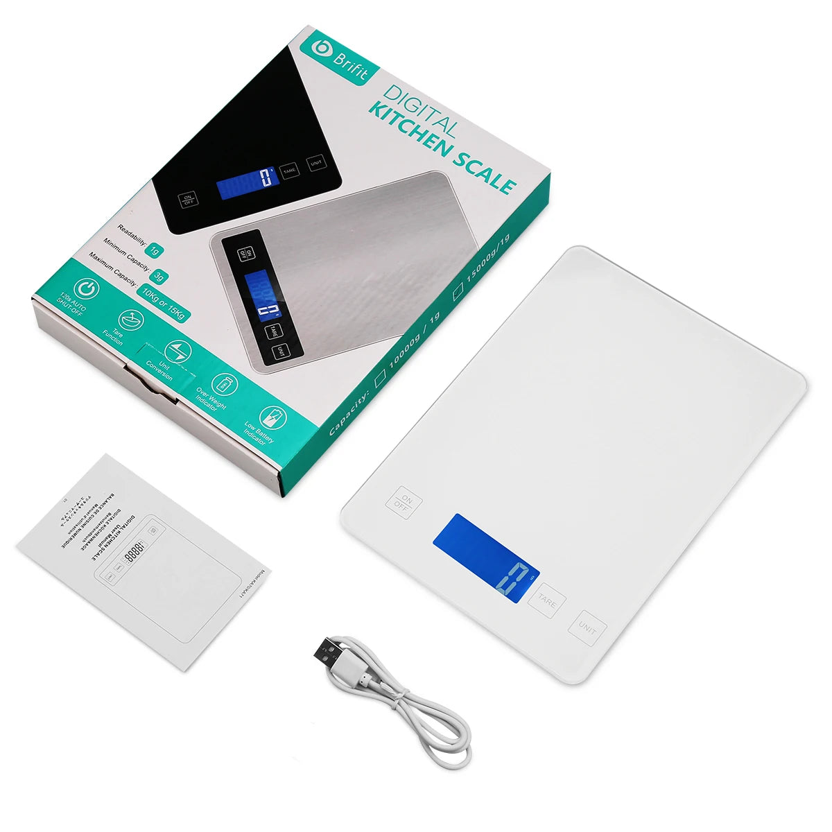 Digital kitchen scale with packaging, USB cable, and user manual on a white background