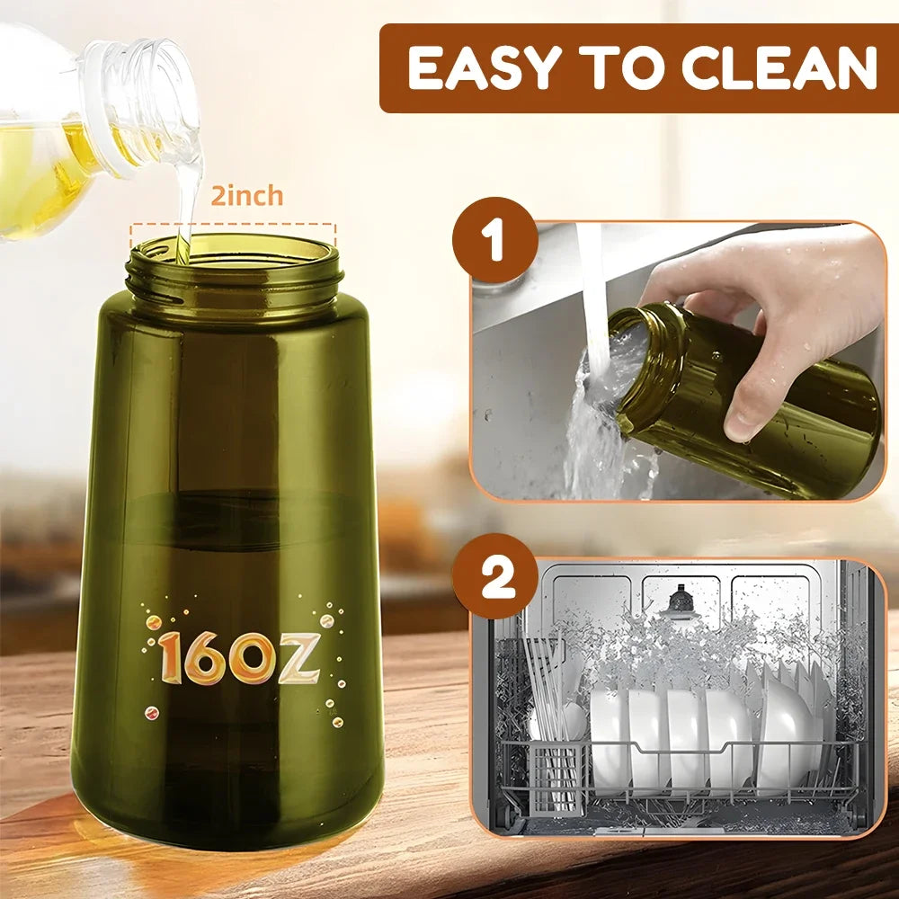 Green water bottle with measurement details and cleaning instructions on a wooden surface.