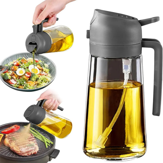 Glass oil dispenser with black lid being used to drizzle oil over a salad and grilled steak.