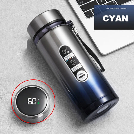 Thermos bottle with digital display on a gray surface, featuring the brand 'Cyan'.