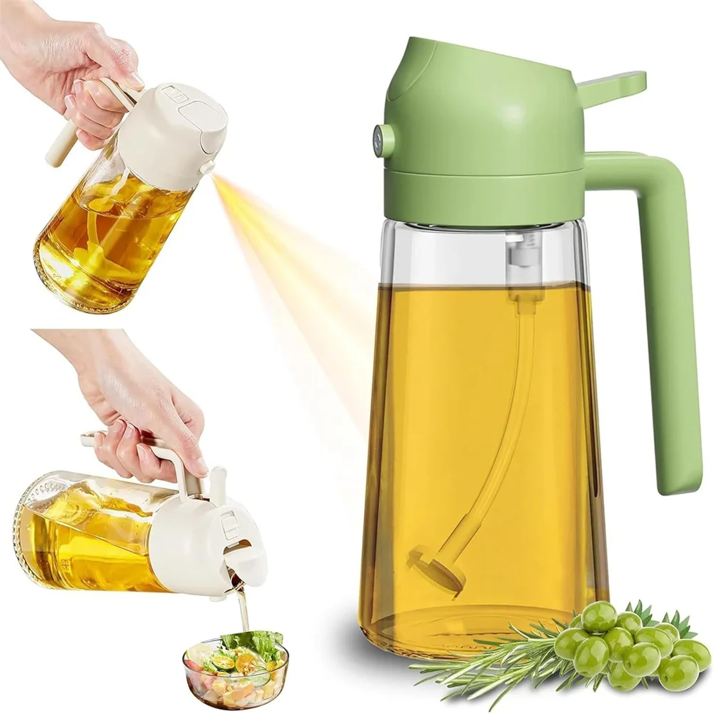 Green oil dispenser with olive oil, surrounded by green olives on a white background