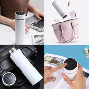 Collage of a white thermos with digital display in various settings.