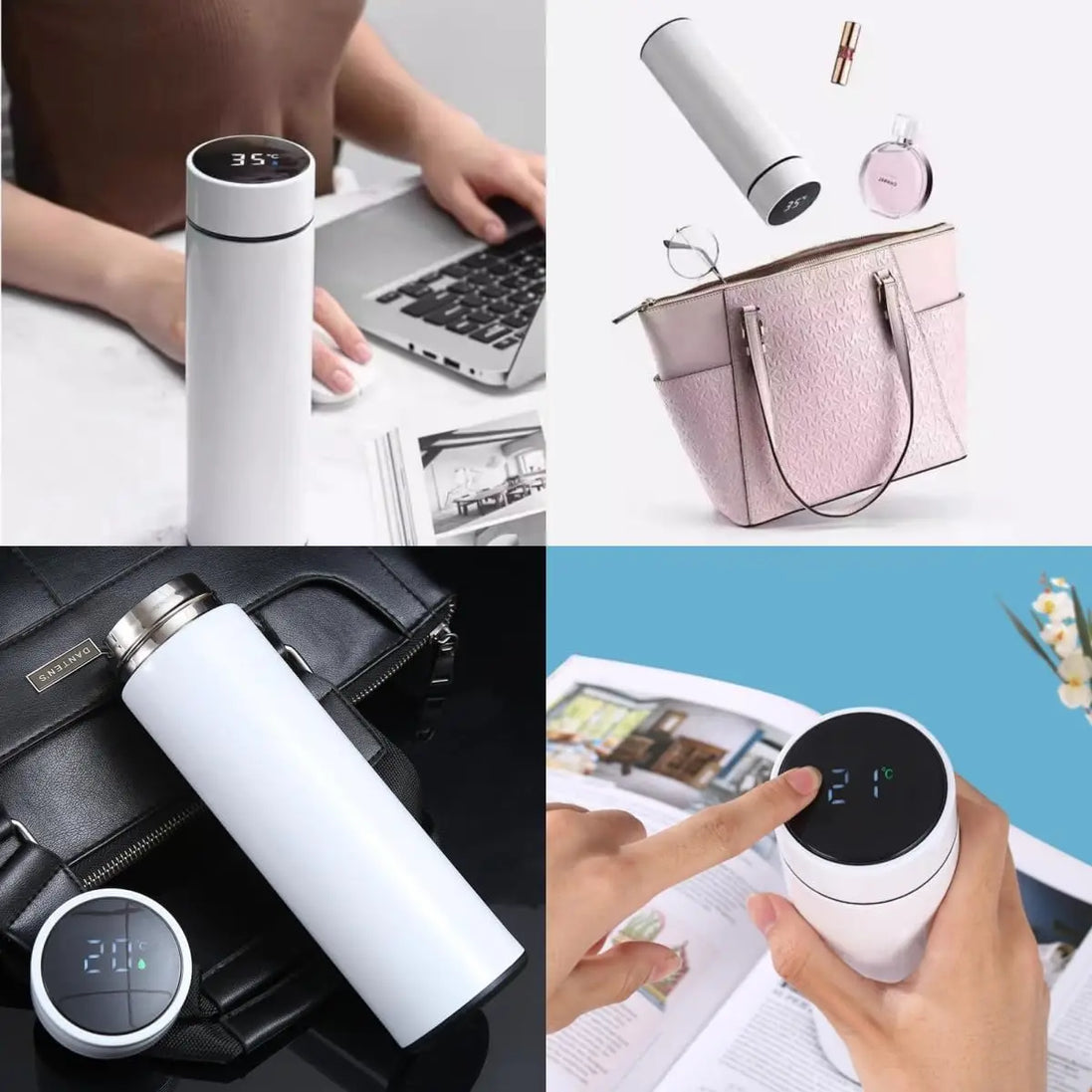 Collage of a white thermos with digital display in various settings.