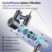 Vacuum cleaner with filtration system illustration and text in German about filtration efficiency.