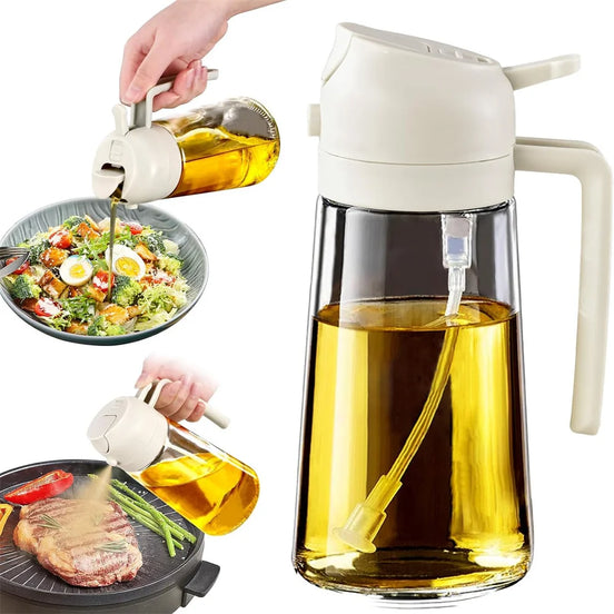 Oil dispenser being used on a salad and steak with a clear container of oil.