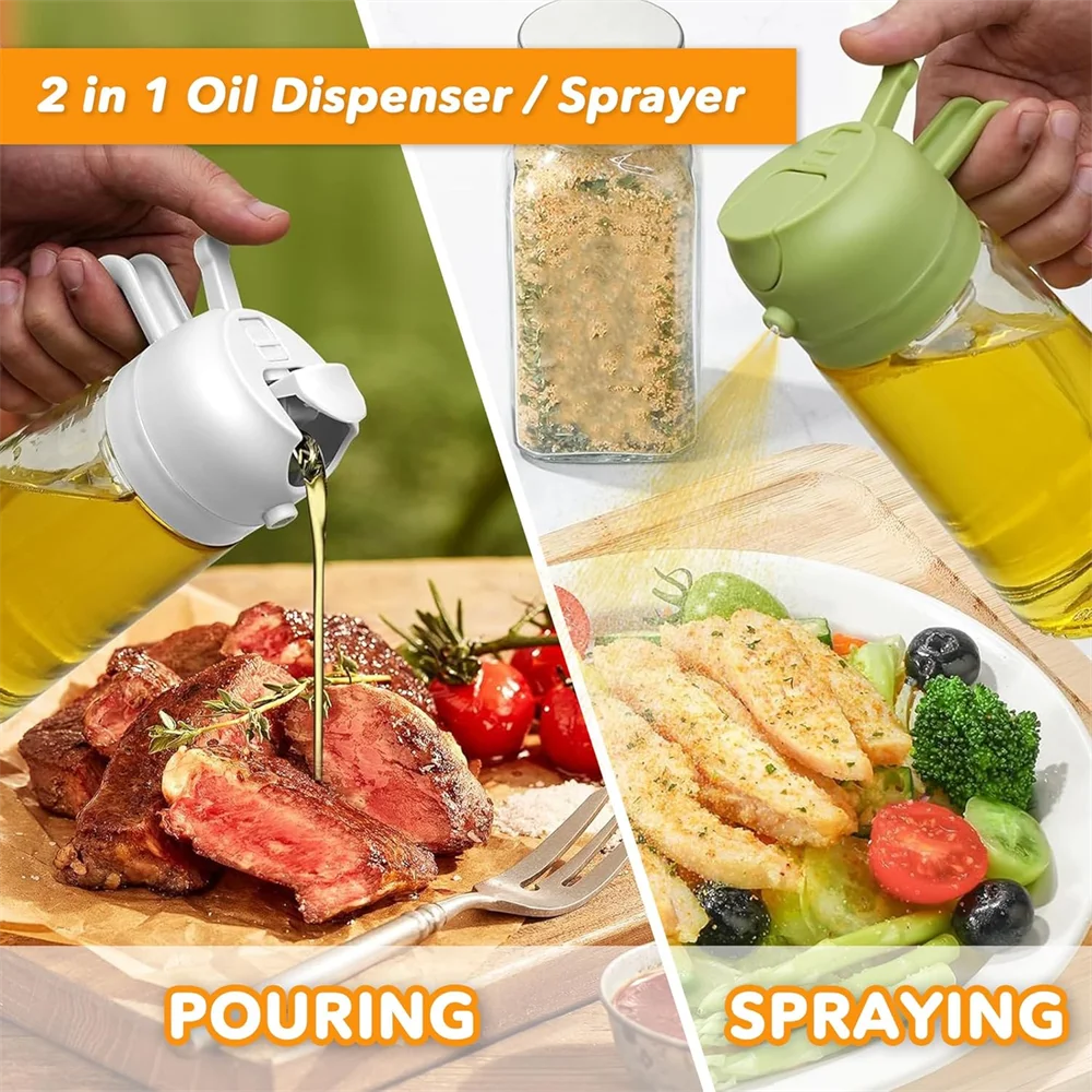 Oil dispenser sprayer being used on food with text indicating pouring and spraying functions.