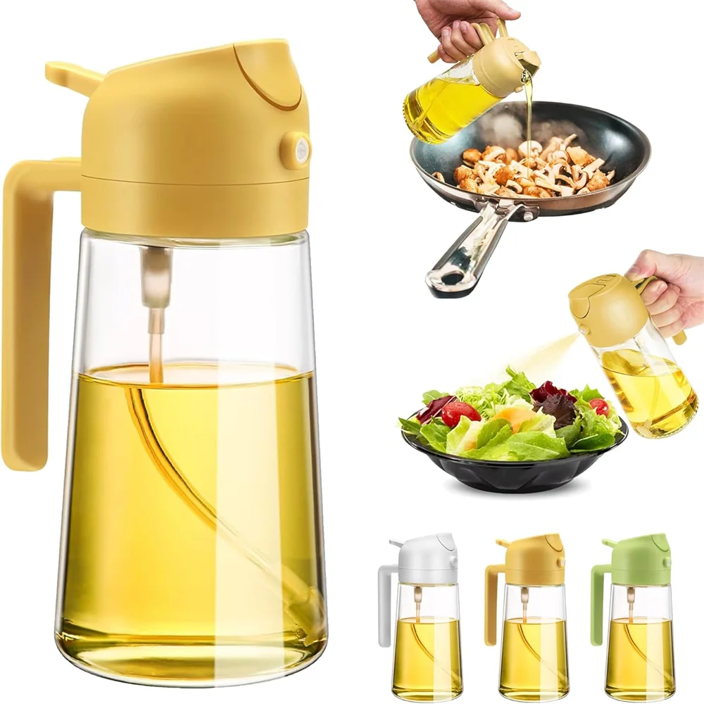 Yellow oil dispenser with a clear glass container, used for cooking and salad dressing.