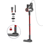 Corded vacuum cleaner with attachments on a white background