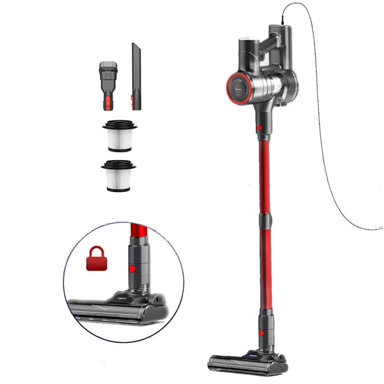 Corded vacuum cleaner with attachments on a white background