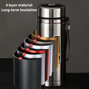 Stack of insulated travel mugs with temperature display on a dark background