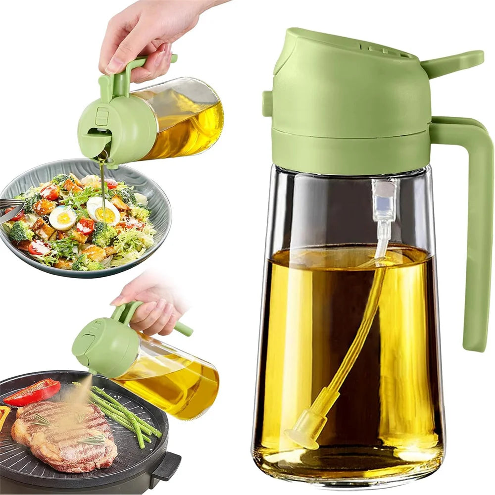 Green oil dispenser being used on a salad and steak with a clear container filled with oil.
