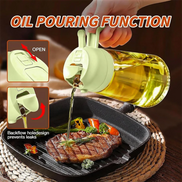 Oil pouring function demonstration with a bottle and pan on a wooden surface