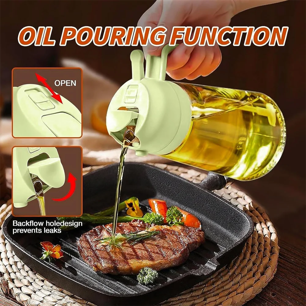 Oil pouring function demonstration with a bottle and pan on a wooden surface