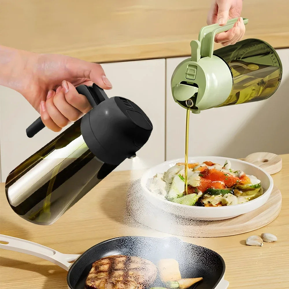 Person pouring oil from a bottle into a bowl of food on a wooden table.