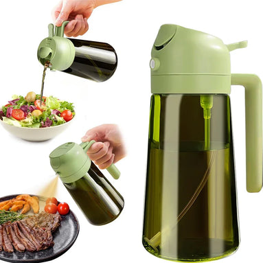 Green oil dispenser being used on a salad and steak with a white background