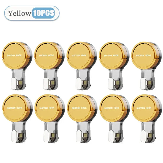 Yellow suction hooks with 'Suction Hook' text on a white background, labeled as '10PCS'.