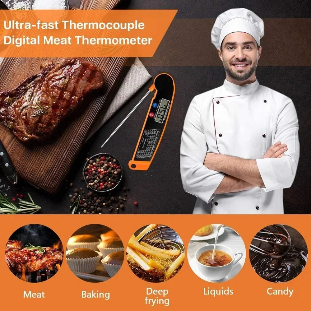 Ultra-fast Thermocouple Digital Meat Thermometer with chef and food applications on an orange background