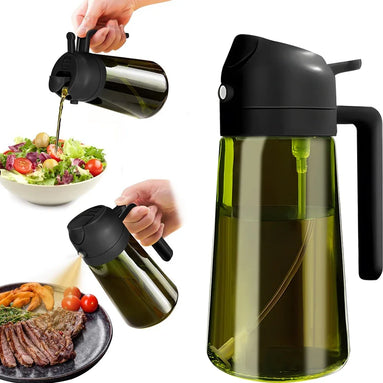 Oil dispenser being used on a salad and steak with a white background