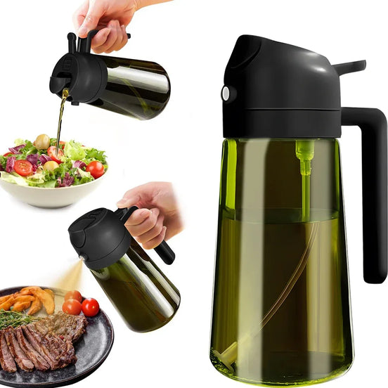 Oil dispenser being used on a salad and steak with a white background