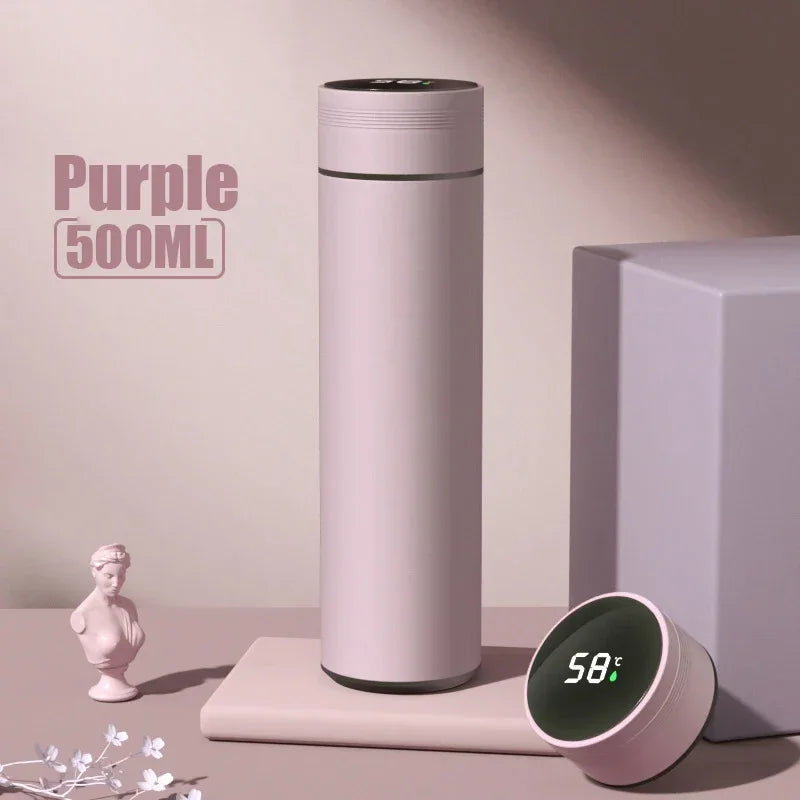 Purple 500ML thermos bottle with digital display on a neutral background