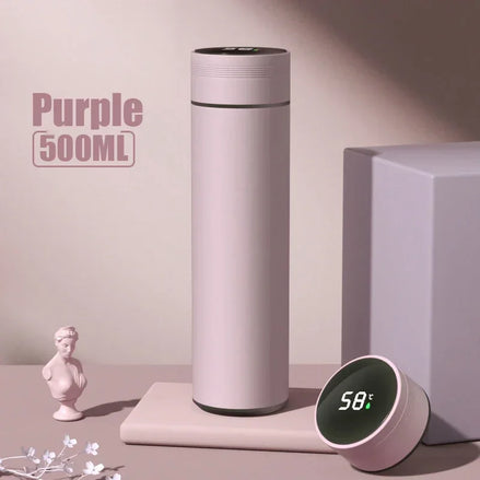 Purple 500ML thermos bottle with digital display on a neutral background