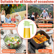 Oil sprayer with images of family dinner, outdoor barbecue, salad, and air fryer usage.