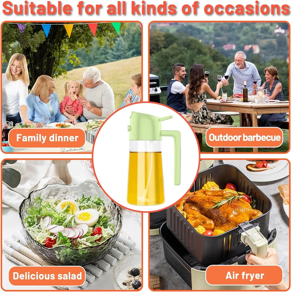 Oil sprayer with images of family dinner, outdoor barbecue, salad, and air fryer usage.