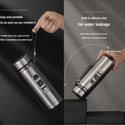 Silver thermos with features highlighted on a dark background