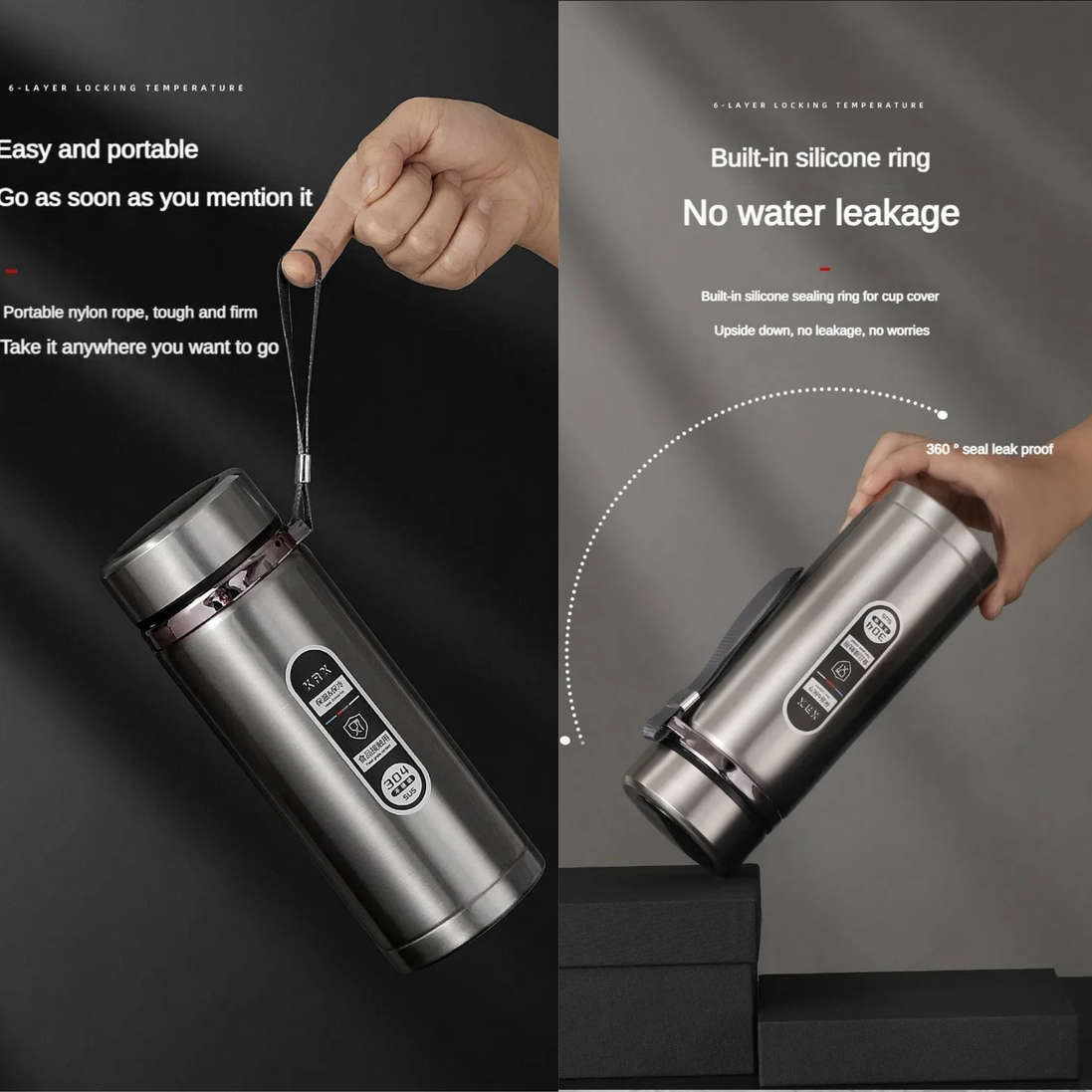 Silver thermos with features highlighted on a dark background