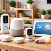 Collection of smart home devices on a wooden table with a modern interior background.